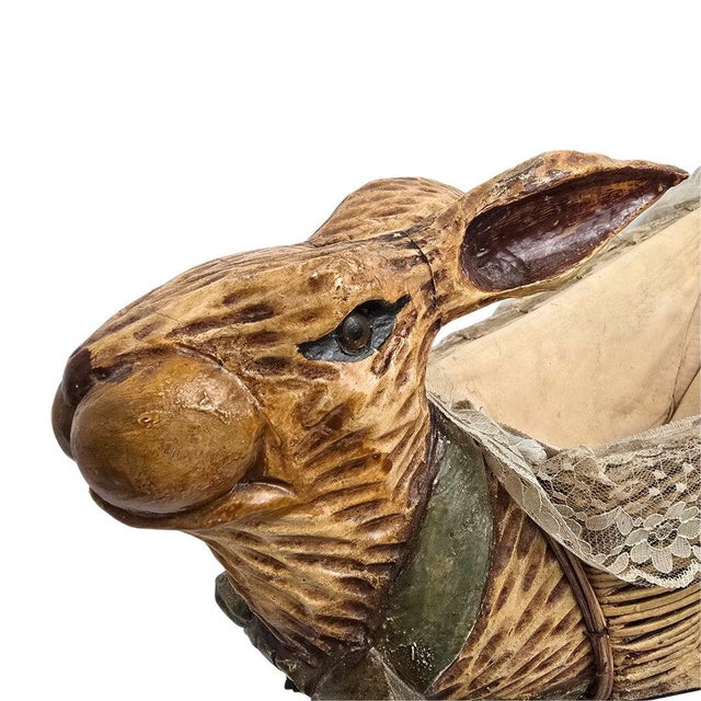 Antique American Wicker & Composition Rabbit-Form Figural Doll Carriage With Original Lining For Sale - Image 4 of 13