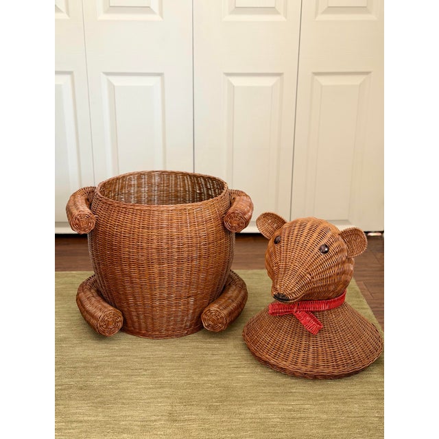 Vintage Whimsical Figural Rattan Wicker Bear Basket Hamper With Lid For Sale - Image 10 of 10