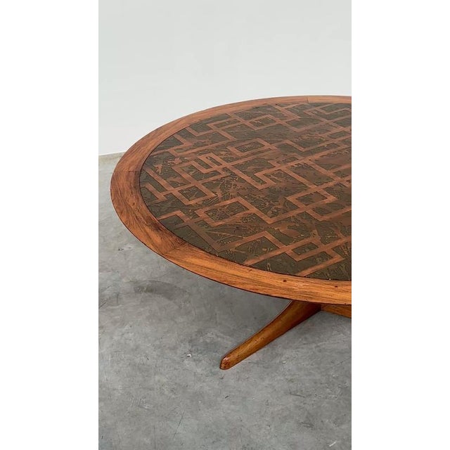 Vintage Wood Coffee Table with Etched Brass Top, 1970s For Sale - Image 13 of 14