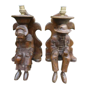 1920's French Art Deco/ French Folk Art Carved Wood Figural Breton Couple Wall Sconces a - Pair