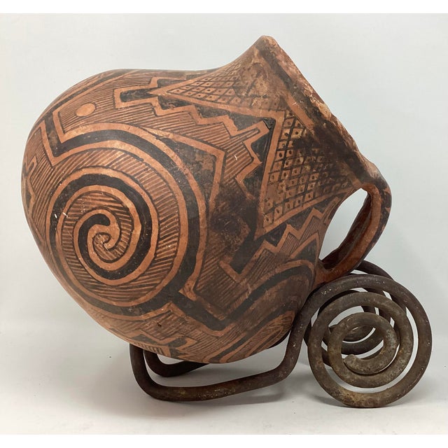 Native American Bill Freeman (1927-2012) Native American Recreation of Hohokam Pot on Hand Forged Iron Stand by Unknown Artist. For Sale - Image 3 of 6