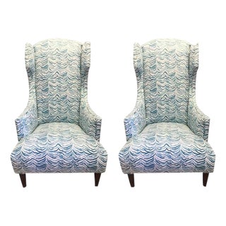 Regency Blue Watercolor Upholstered Wingback Chairs- A Pair For Sale
