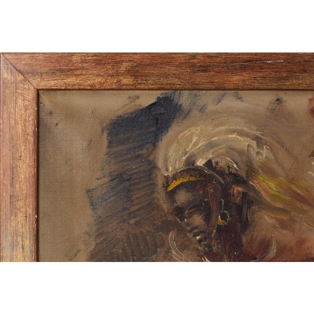 African Dancing Warrior with Cockerel, Mid-20th Century, Oil on Canvas For Sale - Image 10 of 13