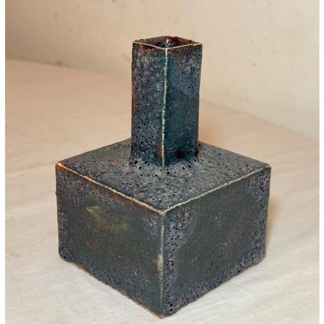 Ceramic Vintage Original Signed Handmade Brutalist Squared Green Pottery Ceramic Vase For Sale - Image 7 of 11