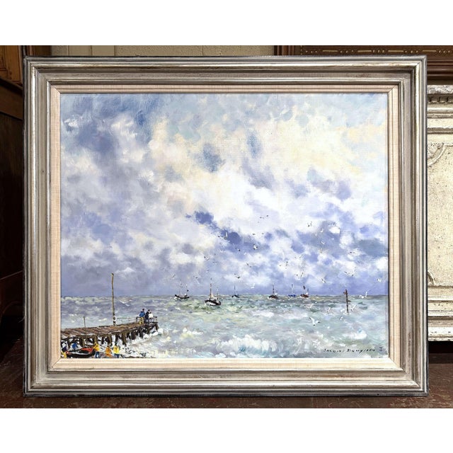 Textile Mid-Century French Marine Oil on Canvas Normandy Painting by Jacques Bouyssou For Sale - Image 7 of 11
