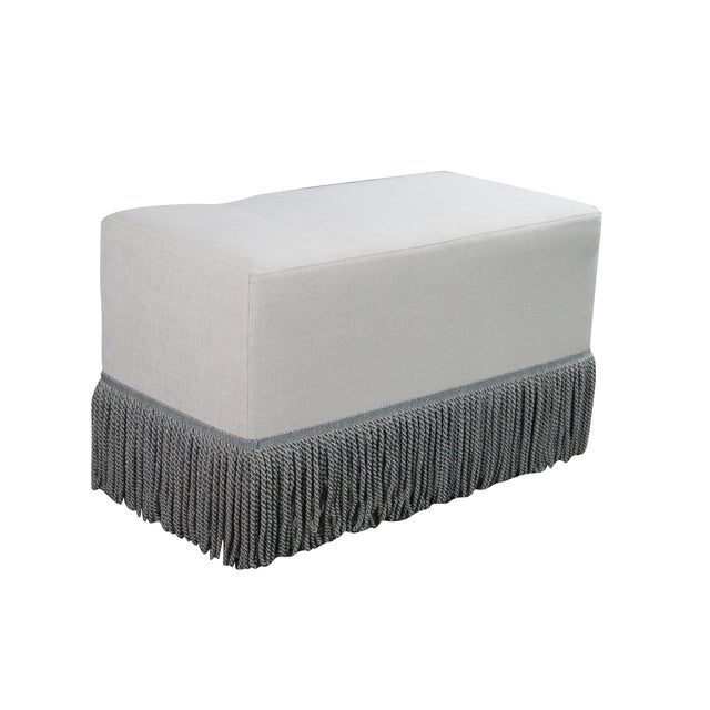 Contemporary Restoration Hardware Linen Upholstered Ottoman Bench Seat Stool Tassels 31" For Sale - Image 3 of 12