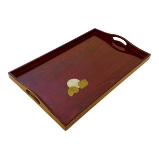 1980s Vintage Hollywood Regency Coastal Faux Rosewood Tray, Brass Shell Overlay Accents. For Sale