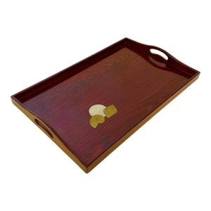 1980s Vintage Hollywood Regency Coastal Faux Rosewood Tray, Brass Shell Overlay Accents
