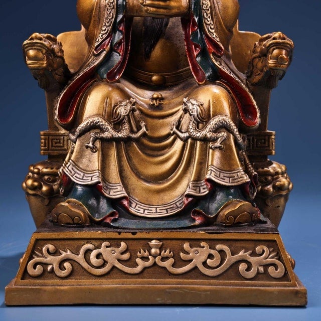Chinese Antique Chinese Gilt Bronze Dragon King Statue With Polychrome Paint For Sale - Image 3 of 10