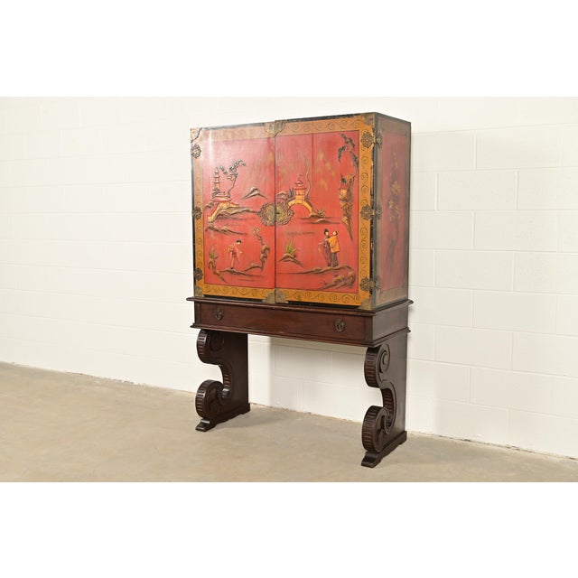 Chinoiserie Hollywood Regency Chinoiserie Red Lacquered Hand Painted Bookcase or Bar Cabinet, Circa 1920s For Sale - Image 3 of 17