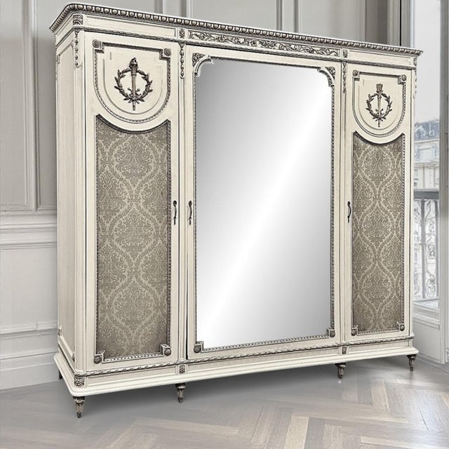 French Antique Italian Neoclassical Painted Triple Armoire For Sale - Image 3 of 18