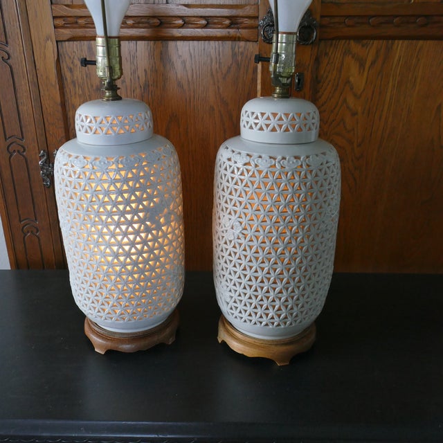 Wood Mid 20th Century Large Chinoiserie Blanc De Chine Table Lamps White Pierced - a Pair For Sale - Image 7 of 14