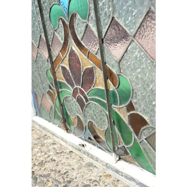 Blue Antique Art Nouveau Stained Glass Blue Green Orange Fleur De Lis Window For Sale - Image 8 of 11