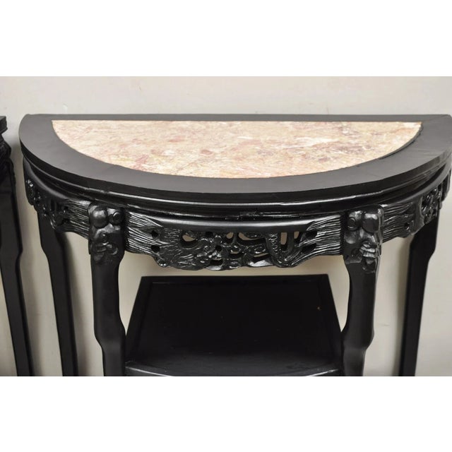 Black Vintage Chinese Chinoiserie Black Demilune Pink Marble Console Table - A Pair For Sale - Image 8 of 11