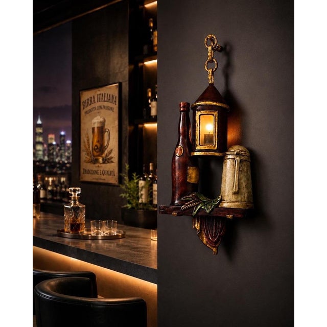 Hollywood Regency Italian Murano Glass Beer Lantern Wall Light in Hand-Carved Wood, 1970s For Sale - Image 3 of 18