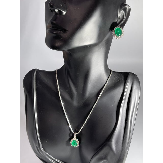 12 Ct Natural Emerald Zambia Cabochon & Diamond Stud Earring 14 Karat White Gold For Sale - Image 9 of 18