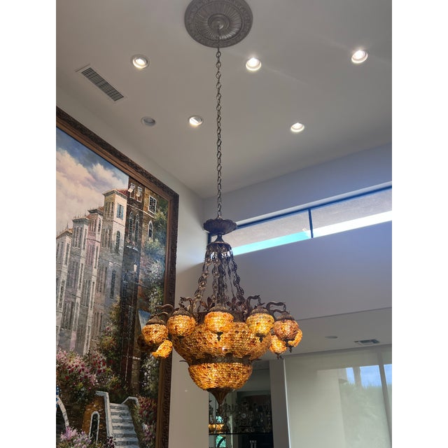 Amber Grand Venetian-Style Tiered Amber Glass Flower Rosette & Cast Metal Chandelier (48” H X 36” W) For Sale - Image 8 of 8
