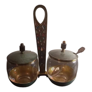 Vintage Judaica Brass Enamel Jelly Jars Table Caddy, Made in Israel- 4 Pieces