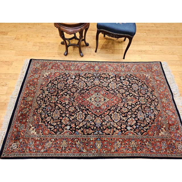 Vintage Kashan Rug, Hand-Knotted Wool & Cotton, Floral Pattern, Navy & Brick-Red, 4x6 For Sale - Image 4 of 16