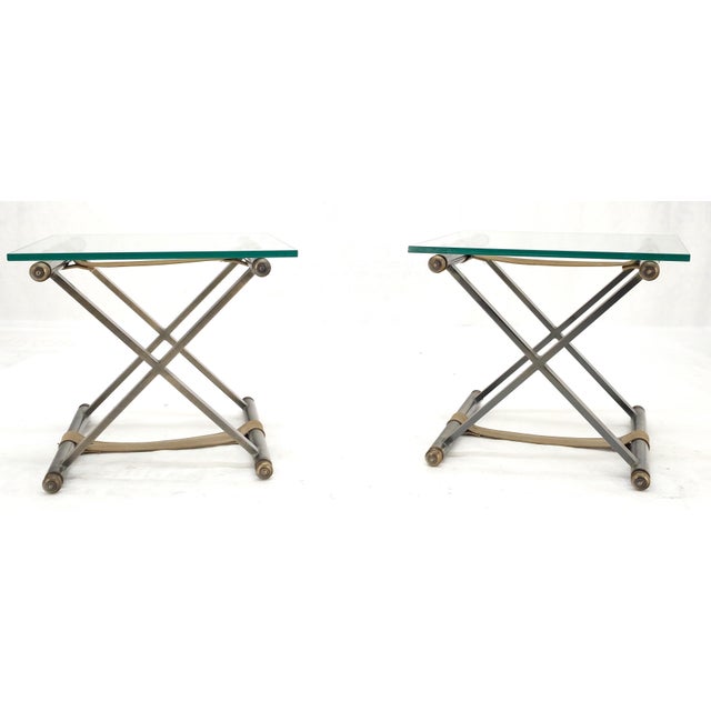 Pair of Glass Top X Bases Smoked Chrome End Side Bed Tables Stands DIA MINT! For Sale - Image 6 of 11