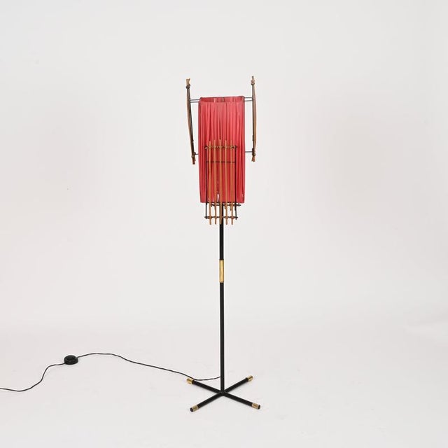 Italian Floor Lamp in Metal, Rattan, Brass and Red Acrylic attributed to Dal Vera, 1950s For Sale - Image 10 of 17