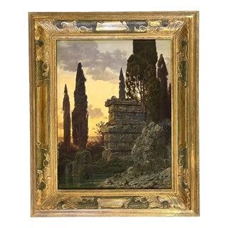Ferdinand Knab, Ancient Ruin at Sunset, 1900, Oil Painting on Wood, Framed For Sale
