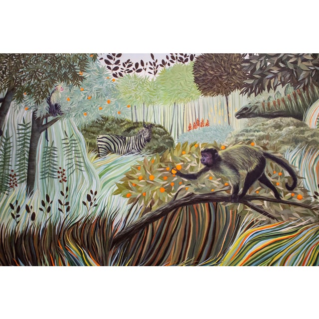 Reaching For the Sun depicts a vibrant, lush landscape filled with diverse flora and fauna, where a monkey interacts...