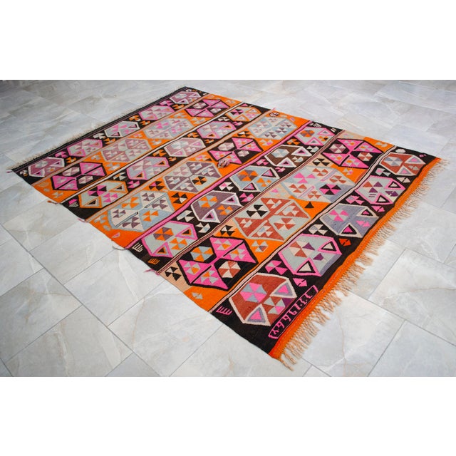 Vibrant Turkish Kilim Rug, 1966 Dated Vintage Tribal Rug, Pink and Orange Geometric Flatweave 6x8 Ft Approx For Sale - Image 16 of 18