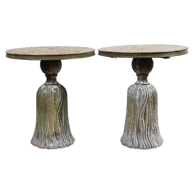 Ceramic Mosaic Tile Top Tassel Tables - a Pair For Sale