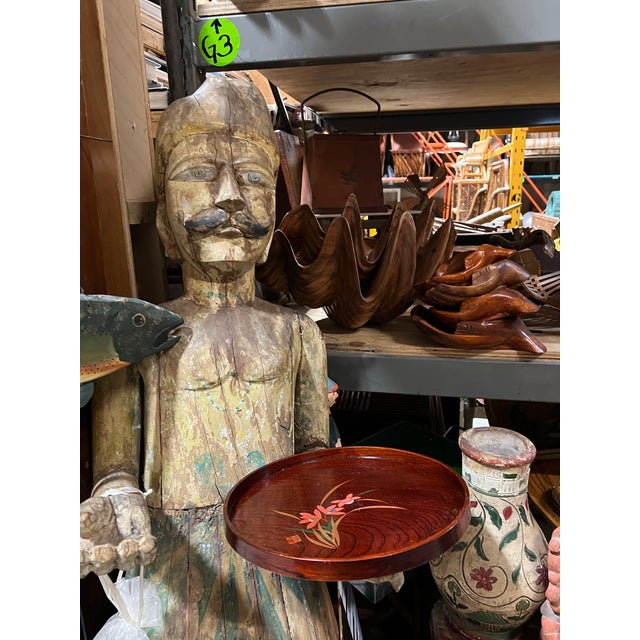 Vintage Round Wooden Asian Style Tray With Floral Accents For Sale - Image 4 of 7
