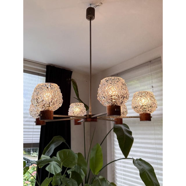 Mid-Century Modern 6-Arm Chandelier with Pressed Glass Shades, Late 20th Century For Sale - Image 5 of 17