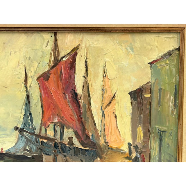Wood Early 20th Century Original Framed Oil Painting on Canvas 'Seaside Dock' Attributed to Louise Minert Kelly (American 1876-1945) For Sale - Image 7 of 17