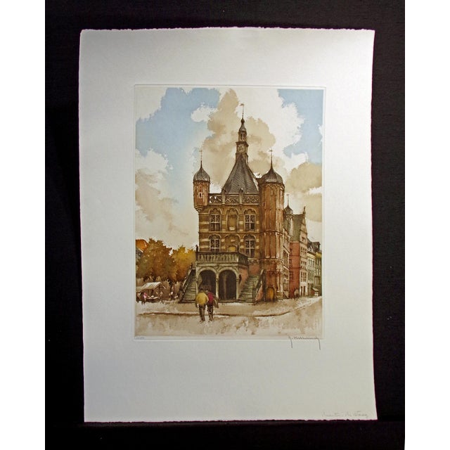 Brown Roger Hebbelinck "Deventer - De Waag" Hand Signed Aquatint Etching, Netherlands For Sale - Image 8 of 9