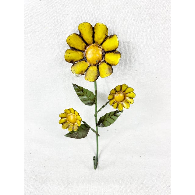 Vintage Mid-Century Yellow Metal Sunflower Tole Wall Hooks - Pair For Sale - Image 4 of 6