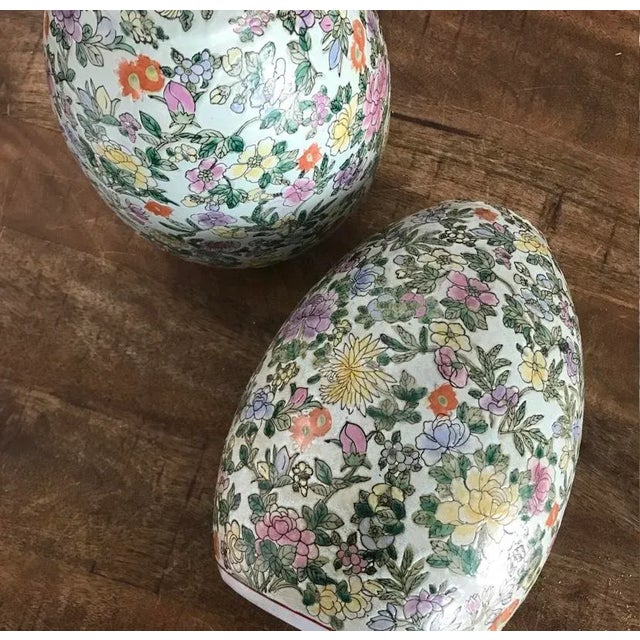 Mid 20th Century Vintage Chinoiserie Asian Floral Egg Shaped Lamp Vases Drilled for Wiring - a Pair For Sale - Image 5 of 11
