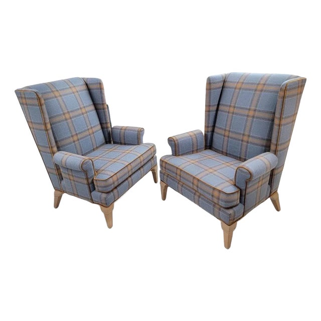 Mid Century Modern Italian Wingback Lounge Chairs Upholstered in Plaid Wool - Set of 2 For Sale