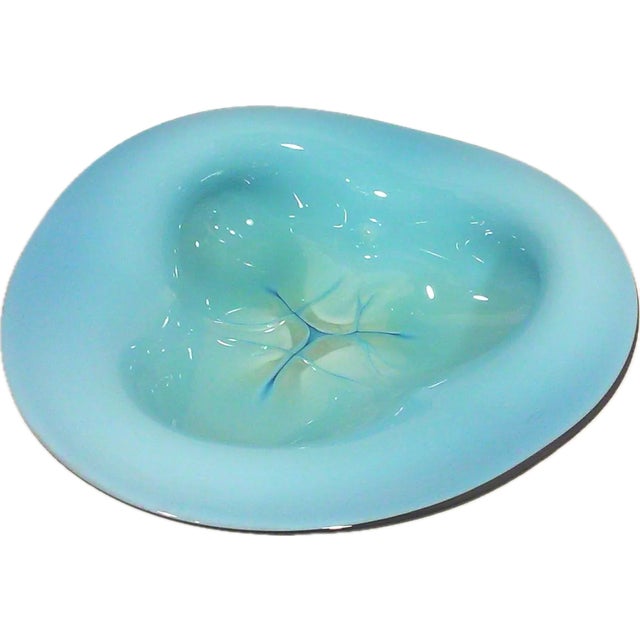 1980’s Postmodern Large Scale Blue Art Glass Console Bowl For Sale