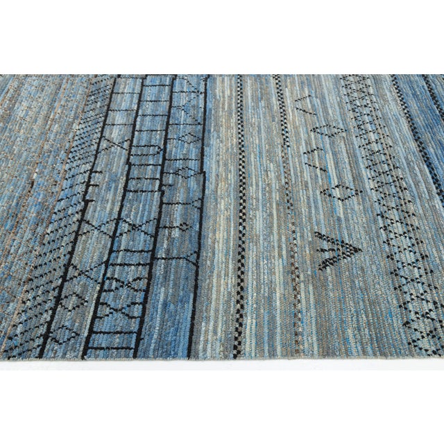 2010s Modern Berber Blue: Hand-Woven Moroccan Style Abstract Wool Rug 9x13 For Sale - Image 5 of 12