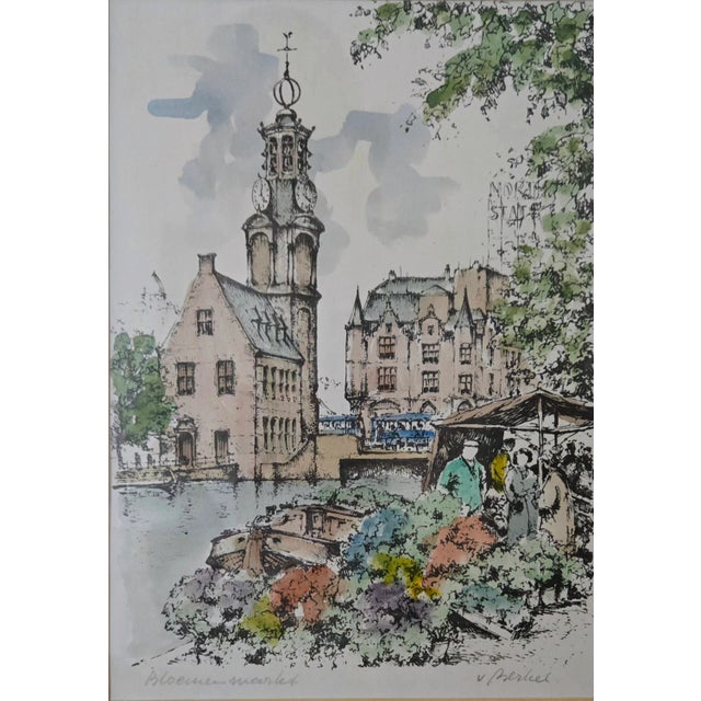 Mid-Century Modern Vintage Impressionist Dutch Signed Lithograph Amsterdam Prints - A Pair, Framed For Sale - Image 3 of 8