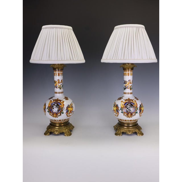 Antique 19th Century Neo-Renaissance Italian Majolica Porcelain Table Lamps, 1890, Set of 2 For Sale - Image 3 of 18