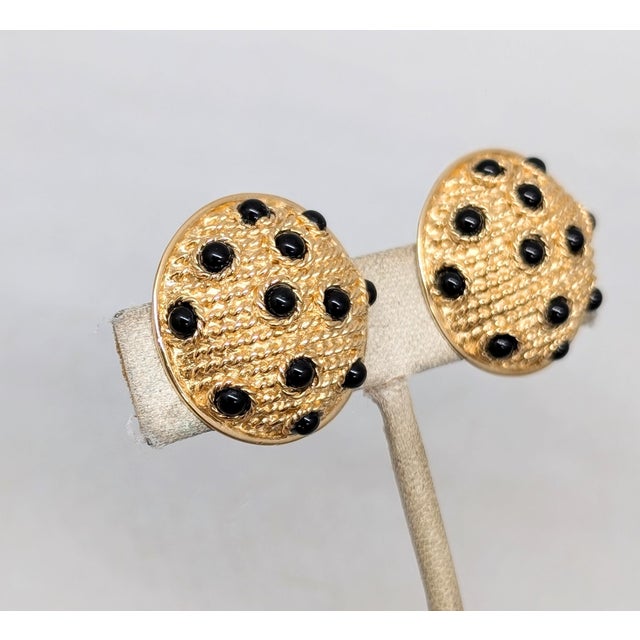 Modern Vintage 1980s Signed Guy Laroche Paris Round Goldtone Cabochon Faux-Onyx Clip Earrings-2 Pieces For Sale - Image 3 of 7