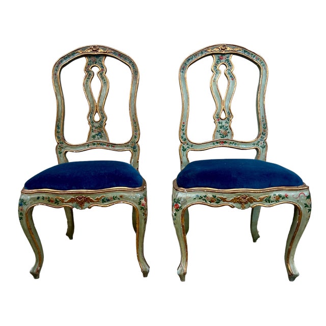 19th-C. Italian / Venetian Celadon Floral Painted Side Chairs in Blue Velvet- Pair For Sale In Atlanta - Image 6 of 10