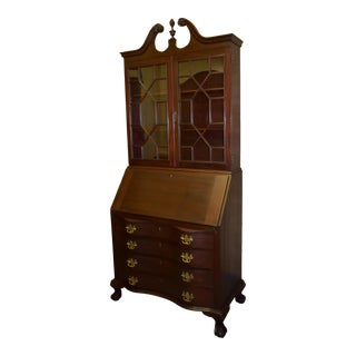 Vintage Solid Mahogany Chippendale Style Secretary Desk W/Fitted Interior For Sale