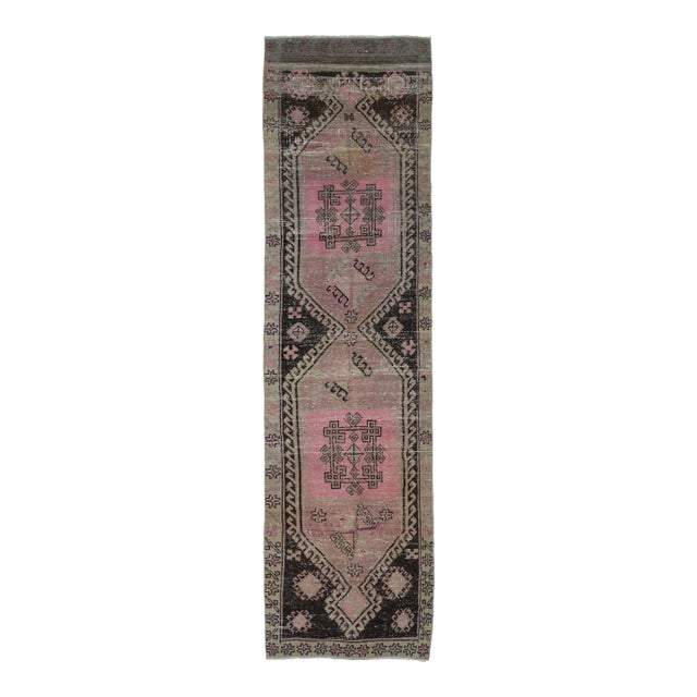 1970s Vintage Handmade Wool Cotton Pink Runner Rug For Sale