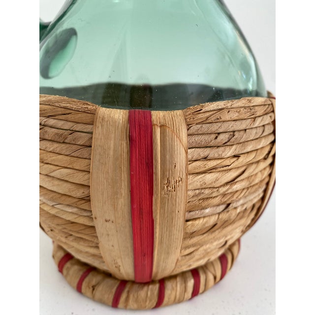Mid 20th Century Vintage Green Blown Glass Pitcher With Woven Rattan Wrap For Sale - Image 5 of 6