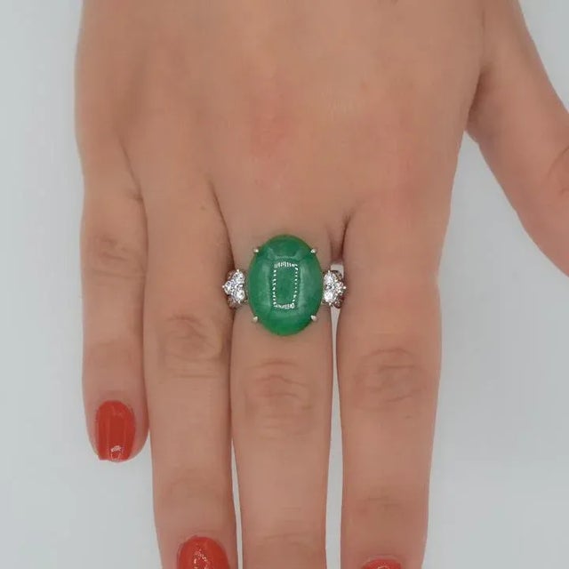 Certified Untreated 15 Carat Green Jadeite Jade Grade A 'Fei Cui' and Diamond Split Shank Platinum Ring. Details: Item...