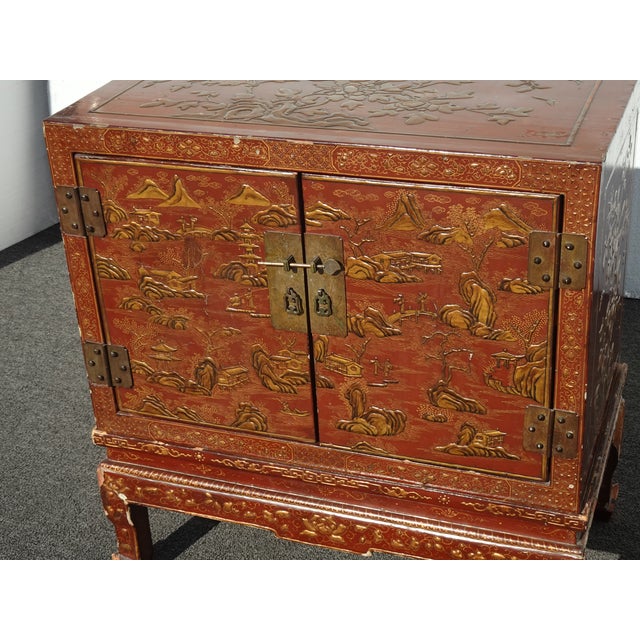 Chinoiserie Antique Storage Cabinet Oriental Chinese Red Lacquer Chinoiserie W Stand & Brass For Sale - Image 3 of 18