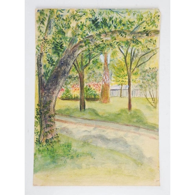 Small antique circa 1910 watercolor on paper backyard garden landscape painting. Unsigned. Unframed, age toning, small...