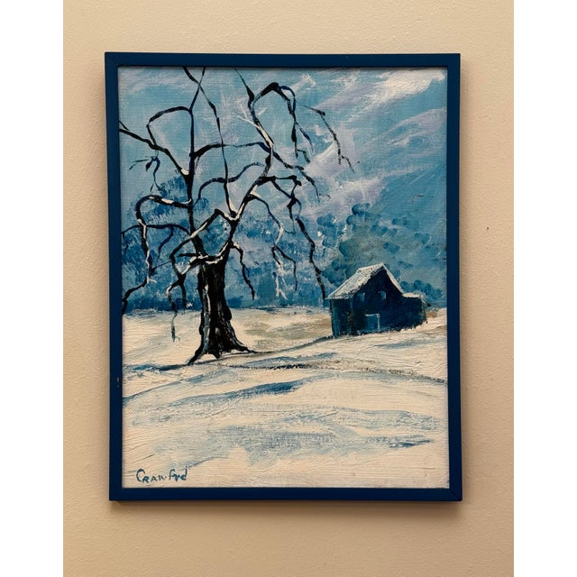 This original painting depicts a serene, snow-covered winter countryside landscape. In the foreground, a striking, barren...