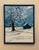 This original painting depicts a serene, snow-covered winter countryside landscape. In the foreground, a striking, barren...